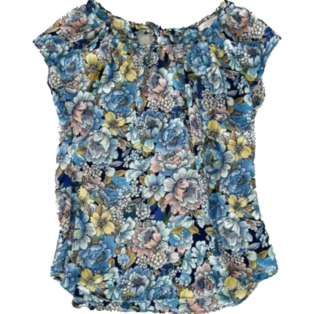 LC Lauren Conrad Blue Floral Blouse Short Sleeve Scoop Neck Top L